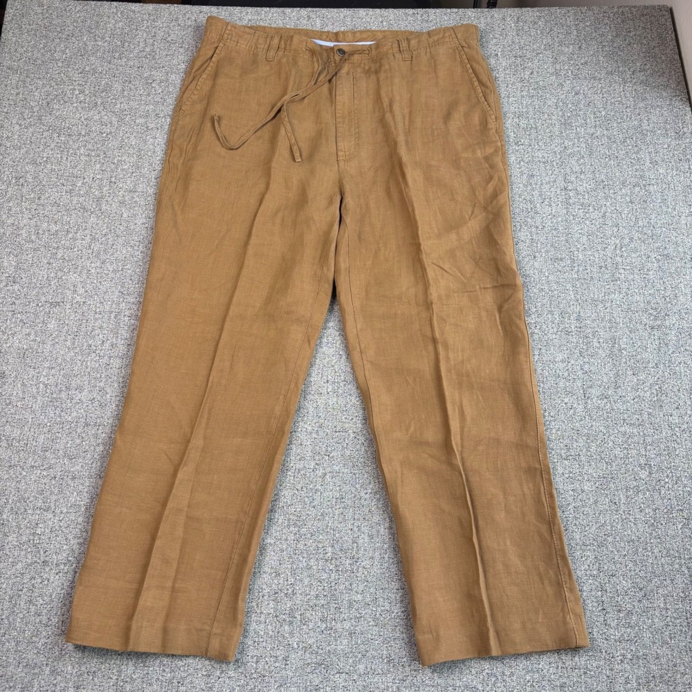Caribbean 100% Linen Drawstring Pants Men 40x30 Brown Straight Leg Beach Wedding